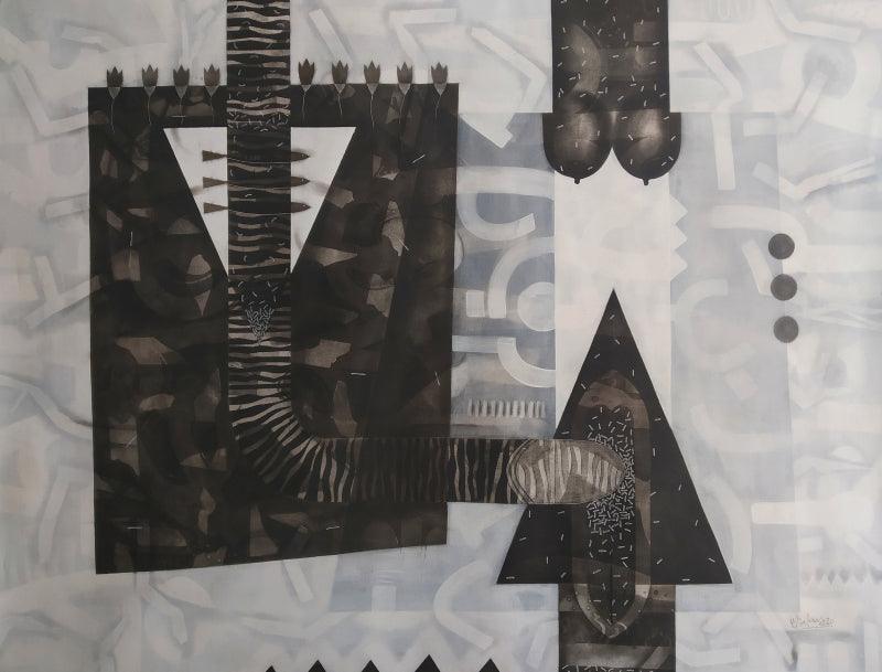 Abstract mixed media painting titled 'Untitled 152', 48x60 inches, by artist Narendra Jatav on Canvas