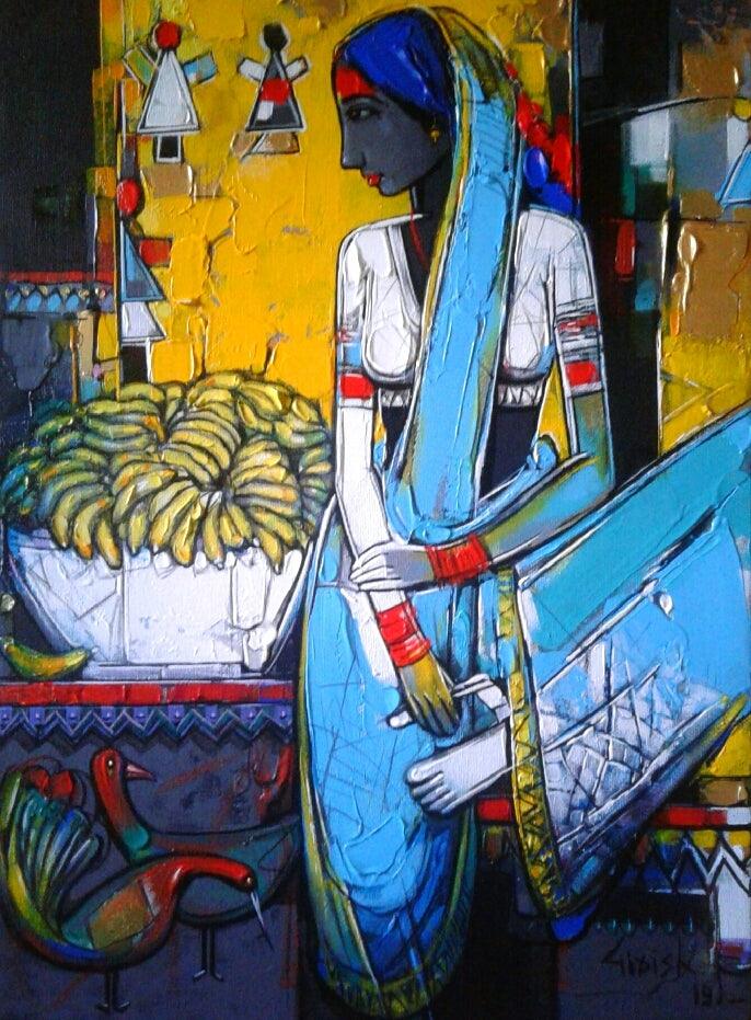 Figurative acrylic painting titled 'Untitled 17', 23x17 inches, by artist Girish Adannavar on Canvas