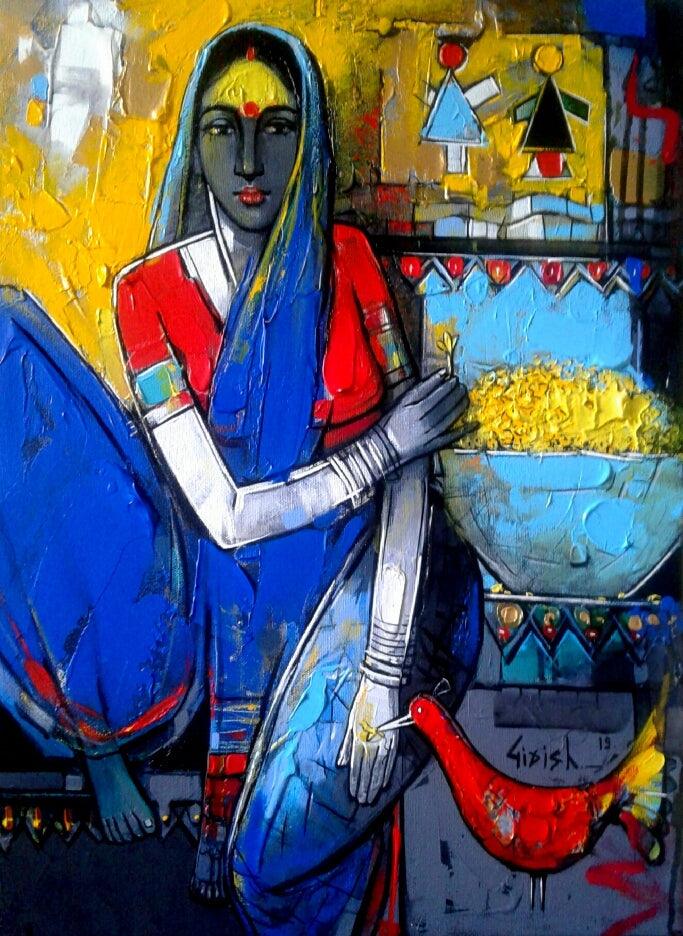 Figurative acrylic painting titled 'Untitled 18', 23x17 inches, by artist Girish Adannavar on Canvas