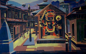 Untitled 18 (Guardian Deity) by Sujit Das, Original Tempera Cityscape Painting on Cloth, Medium Horizontal Wall Art