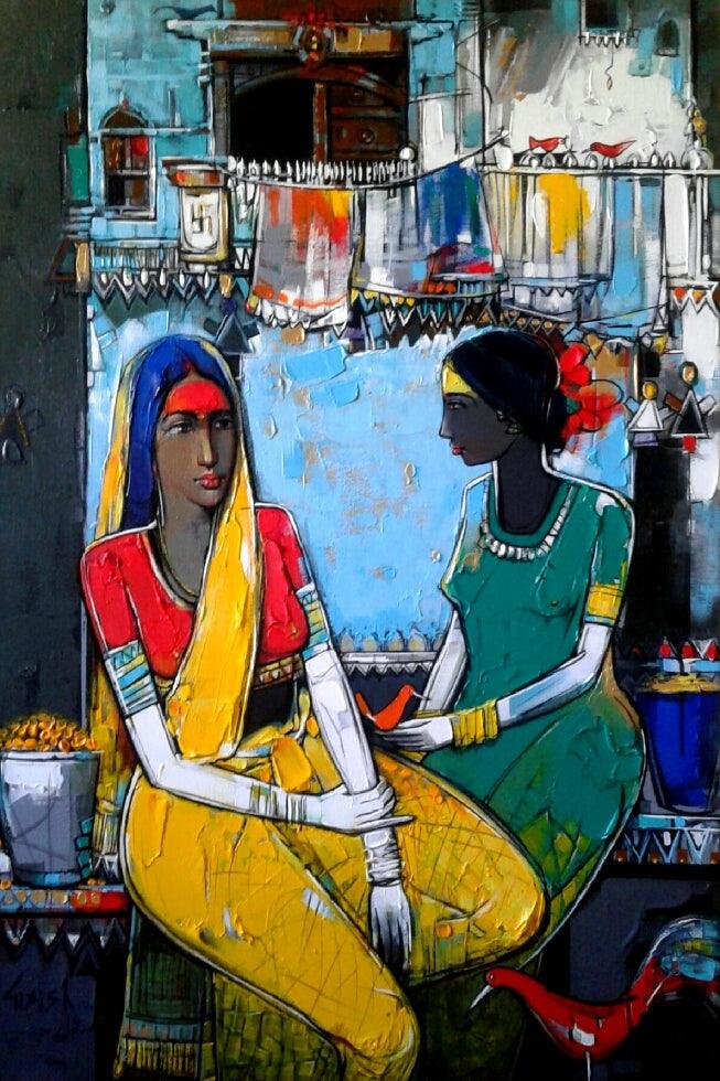 Figurative acrylic painting titled 'Untitled 19', 35x23 inches, by artist Girish Adannavar on Canvas