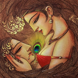Untitled 2 (The Ecstasy of Love) by Gopal Naskar, Original Acrylic Figurative Painting on Paper Board, Small Square Wall Art