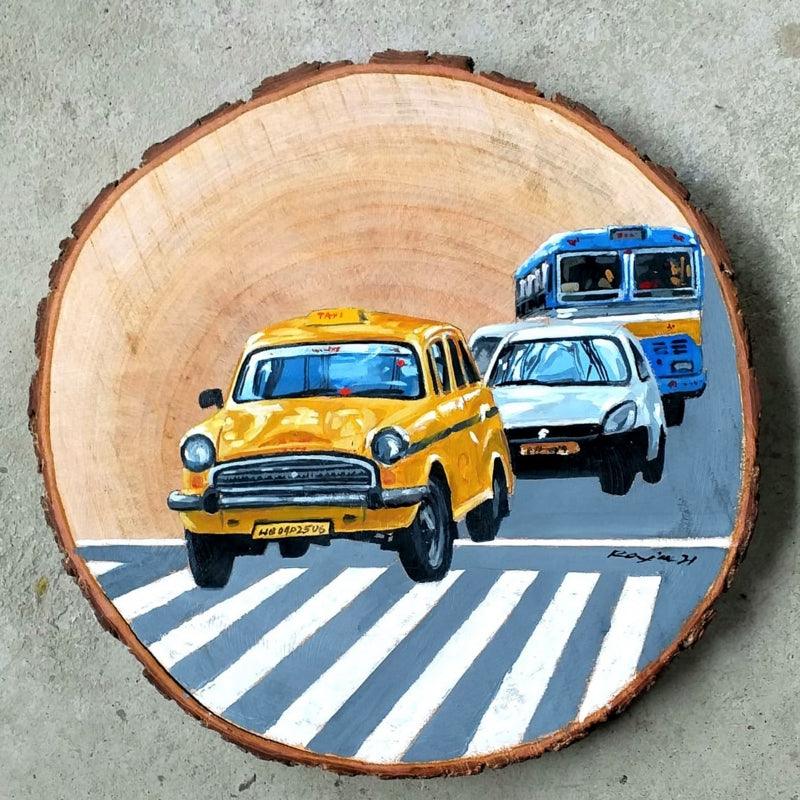 Transportation acrylic painting titled 'Untitled 2', 10x10 inches, by artist Raju Sarkar on Wood