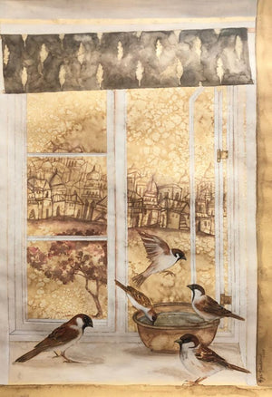 Untitled 2 (Urban Sanctuary) by Afza Tamkanat, Original Coffee & Watercolor Animal Painting on Acid Free Paper, Medium Vertical Wall Art