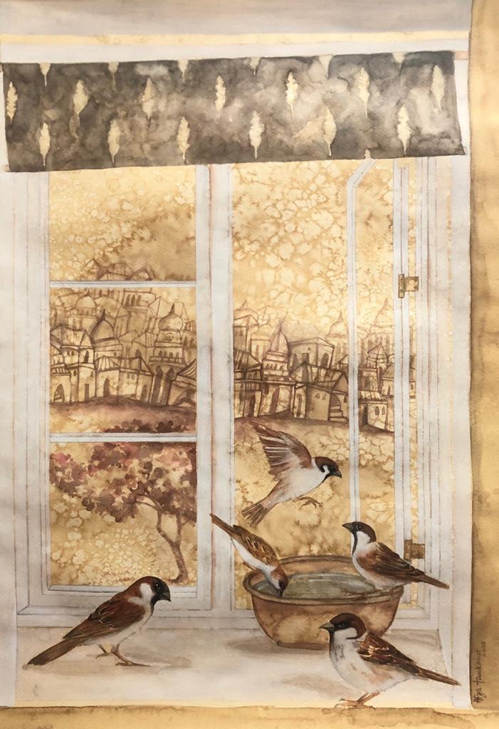 Animals coffee & watercolor painting titled 'Untitled 2', 29x20 inches, by artist Afza Tamkanat on Acid Free Paper