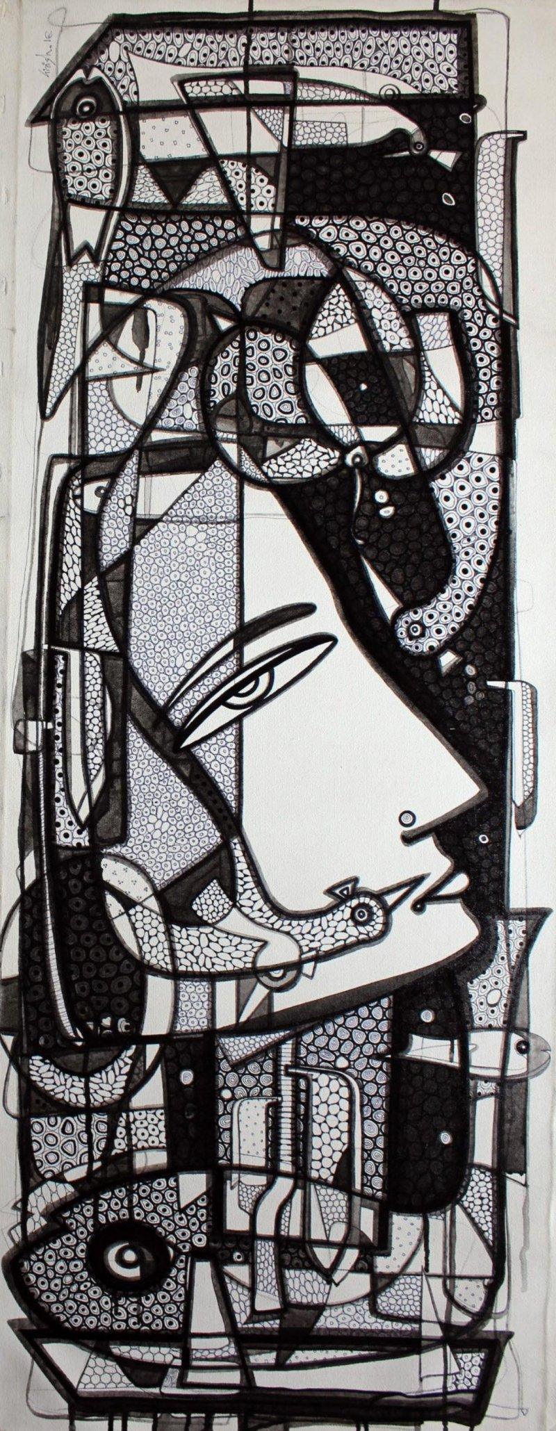 Figurative ink drawing titled 'Untitled 2', 18x48 inches, by artist Girish Adannavar on Canvas