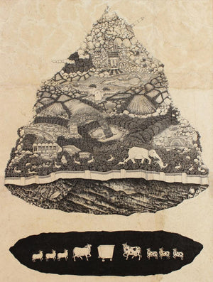 Untitled 2 (Untitled 1) by Bharat Dodiya, Original Pen Ink Contemporary Painting on Canvas, Rice Paper, Large Vertical Wall Art