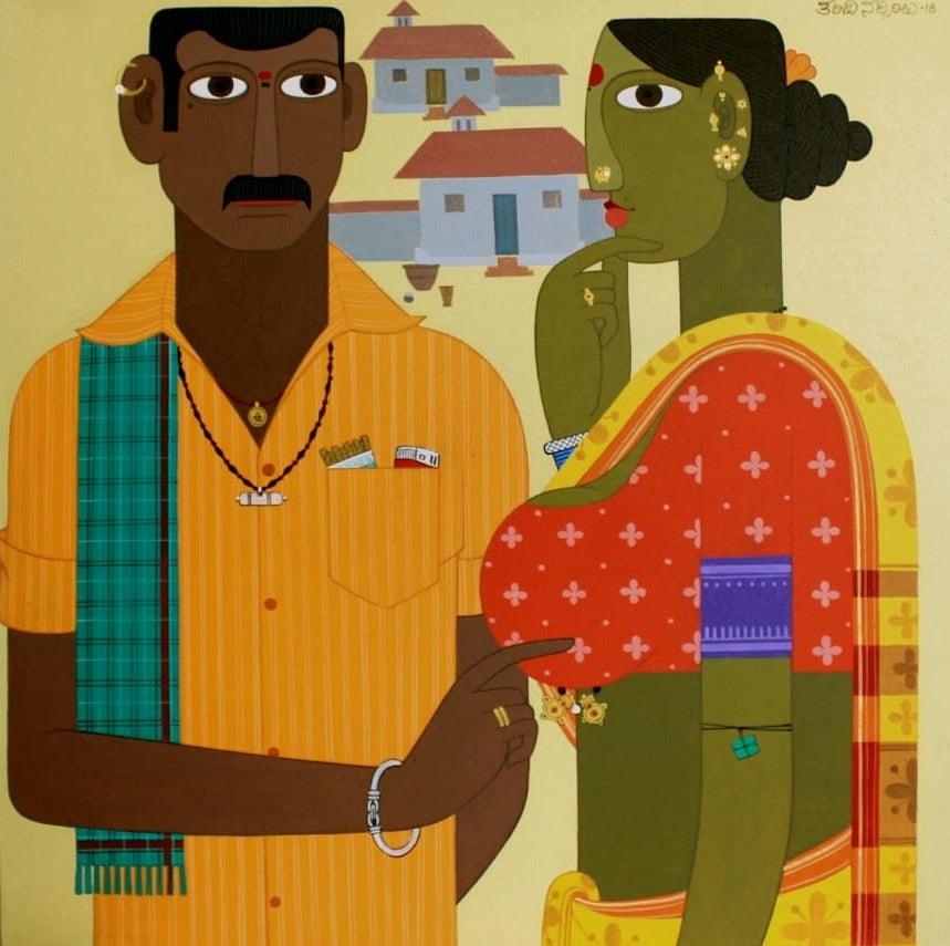 Figurative acrylic painting titled 'Untitled 2', 24x24 inches, by artist Narsimlu Kandi on Canvas