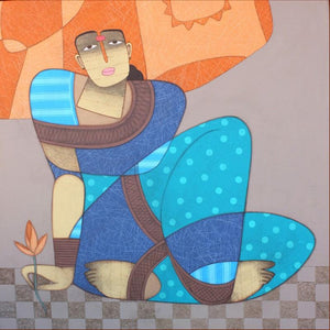 Figurative mixed media painting titled 'Untitled 2', 36x36 inches, by artist Kiran Sherkhane on Canvas