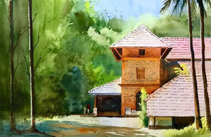 Untitled 2 (Serene Retreat) by Abhijeet Bahadure, Original Watercolor Landscape Painting on Paper, Small Horizontal Wall Art