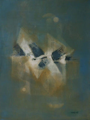 Untitled 2 (Abstract in Blue and Gold) by Manoj Kajbale, Original Oil Abstract Painting on Canvas, Medium Vertical Wall Art