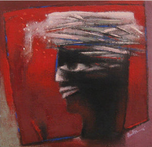 Untitled 2 (Masked Figure) by Pradip Kumar Sau, Original Acrylic Figurative Painting on Canvas, X-Small Square Wall Art