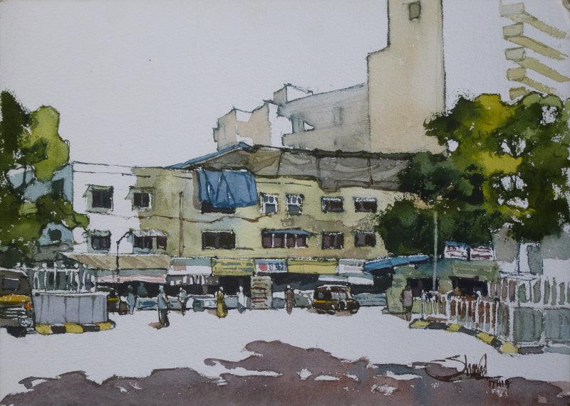 Cityscape watercolor painting titled 'Untitled 2', 10x14 inches, by artist Sharad Tawade on Paper