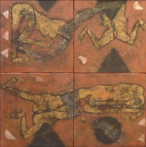 Untitled 2 (Fragmented Forms) by Sukhendu Paul, Original Mixed Media Figurative Painting on Canvas, Medium Square Wall Art