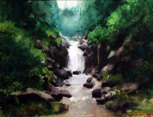 Untitled 2 (Hidden Waterfall) by Azharuuddin Inamdar, Original Watercolor Nature Painting on Paper, X-Small Horizontal Wall Art
