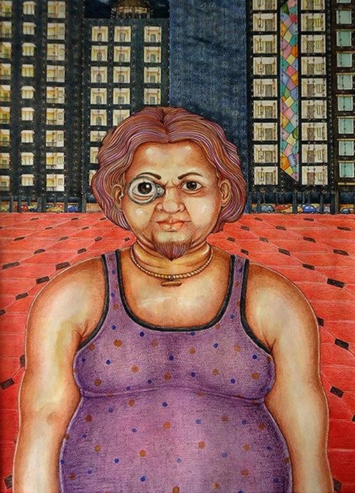 Figurative mixed media painting titled 'Untitled 2', 39x29 inches, by artist Sajith Puthukkalavattom on paper