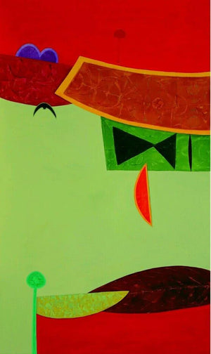 Untitled 2 (Crimson Dreamscape: An Abstract Composition) by Bhushan Vaidhya, Original Acrylic Abstract Painting on Canvas, Large Vertical Wall Art