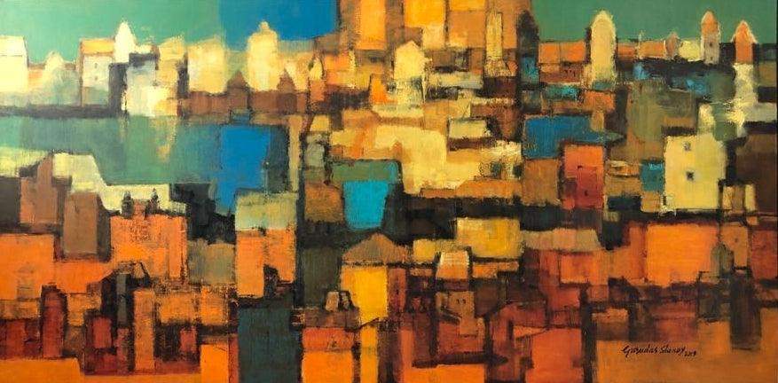 Cityscape oil painting titled 'Untitled 2', 48x96 inches, by artist Gurudas Shenoy on Canvas