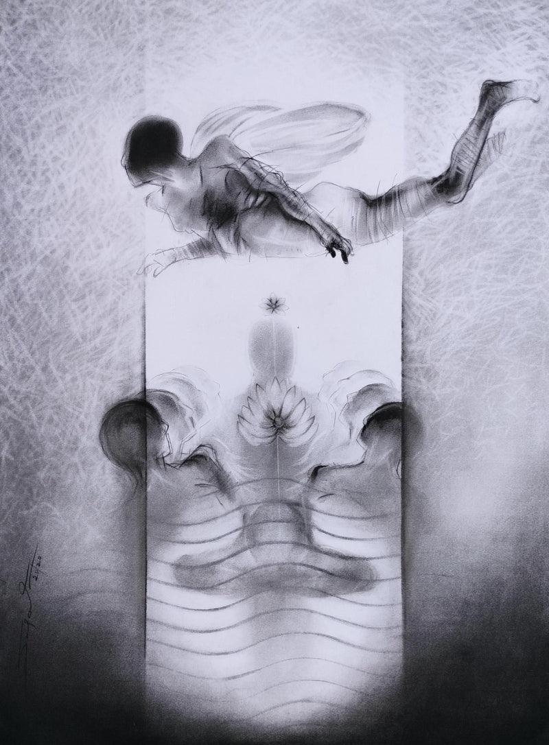 contemporary charcoal painting titled 'Untitled 21', 30x22 inches, by artist Sajal Patra on Paper