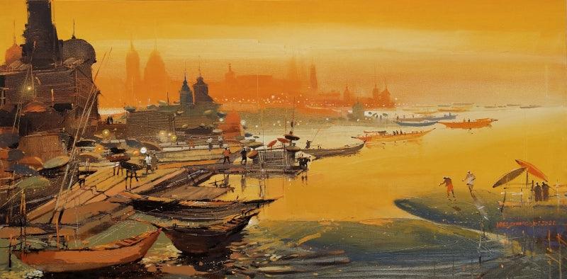 Seascape acrylic painting titled 'Untitled 22', 24x48 inches, by artist Hari Dhongade on Canvas