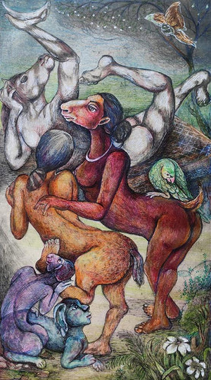 Untitled 22 (Celestial Dance**) by Gouri Vemula, Original Mixed Media Figurative Painting on Paper, Small Vertical Wall Art