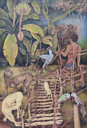 Untitled 23 (The Enchanting Forest**) by Gouri Vemula, Original Mixed Media Figurative Painting on Paper, Small Vertical Wall Art