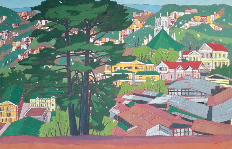 Cityscape tempera painting titled 'Untitled 23', 20x30 inches, by artist Sujit Das on Cloth