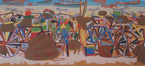 Cityscape tempera painting titled 'Untitled 27', 20x40 inches, by artist Sujit Das on Cloth