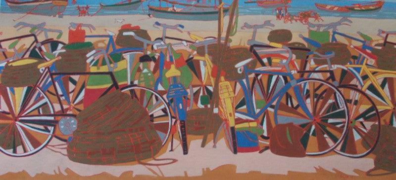 Cityscape tempera painting titled 'Untitled 27', 20x40 inches, by artist Sujit Das on Cloth