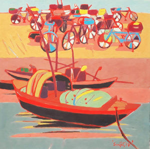 Cityscape tempera painting titled 'Untitled 28', 10x10 inches, by artist Sujit Das on Cloth