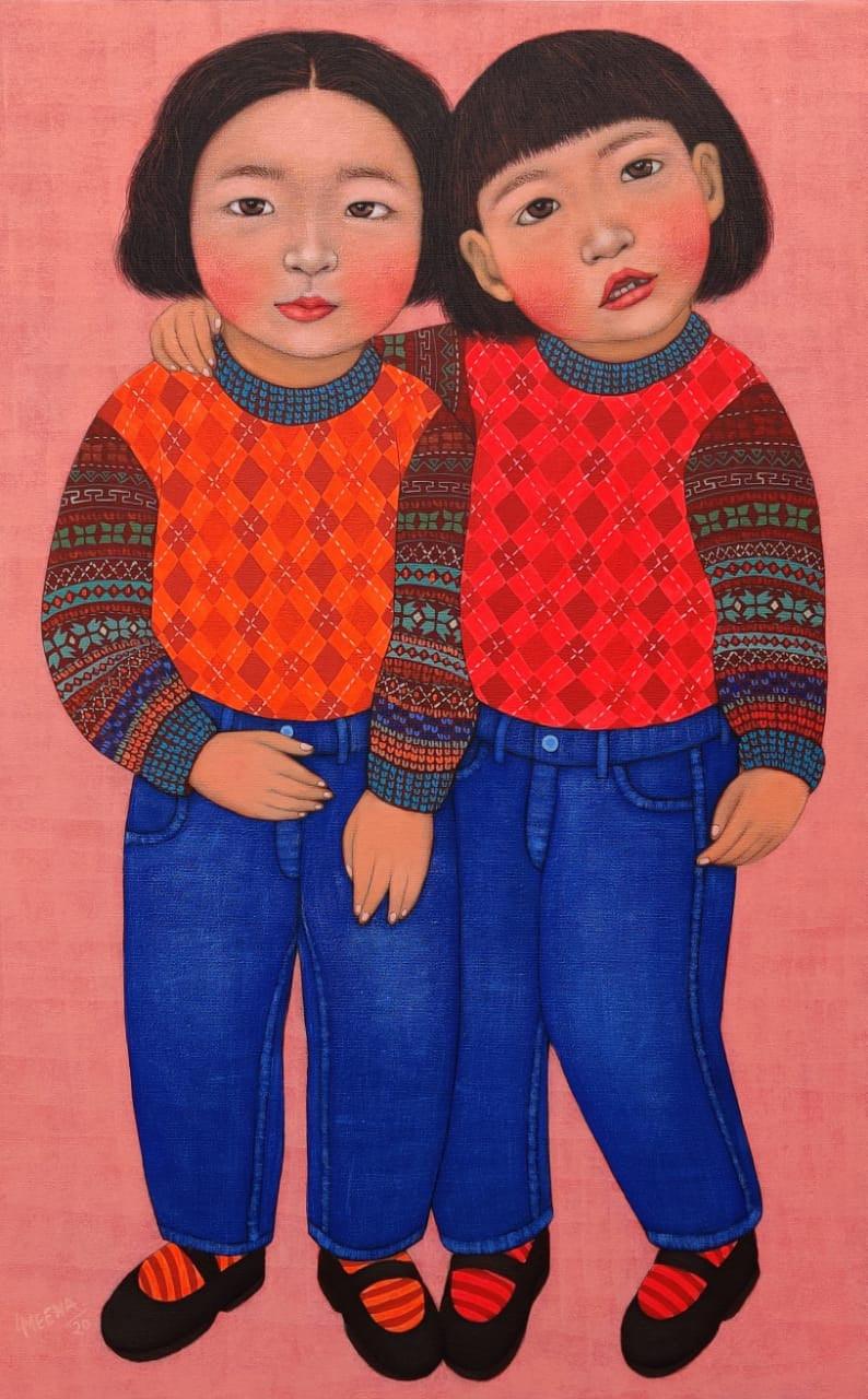 Figurative acrylic painting titled 'Untitled 3', 36x22 inches, by artist Meena Laishram on Canvas