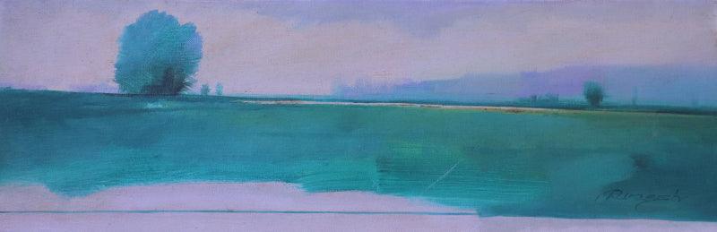 Landscape oil painting titled 'Untitled 3', 13x29 inches, by artist Dinesh Mane on Canvas