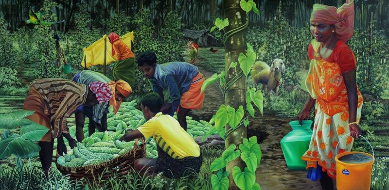 Figurative oil painting titled 'Untitled 3', 48x96 inches, by artist K G Babu on Canvas