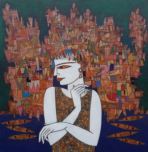 Figurative acrylic painting titled 'Untitled 3', 24x24 inches, by artist Biswajit Mondal on Canvas