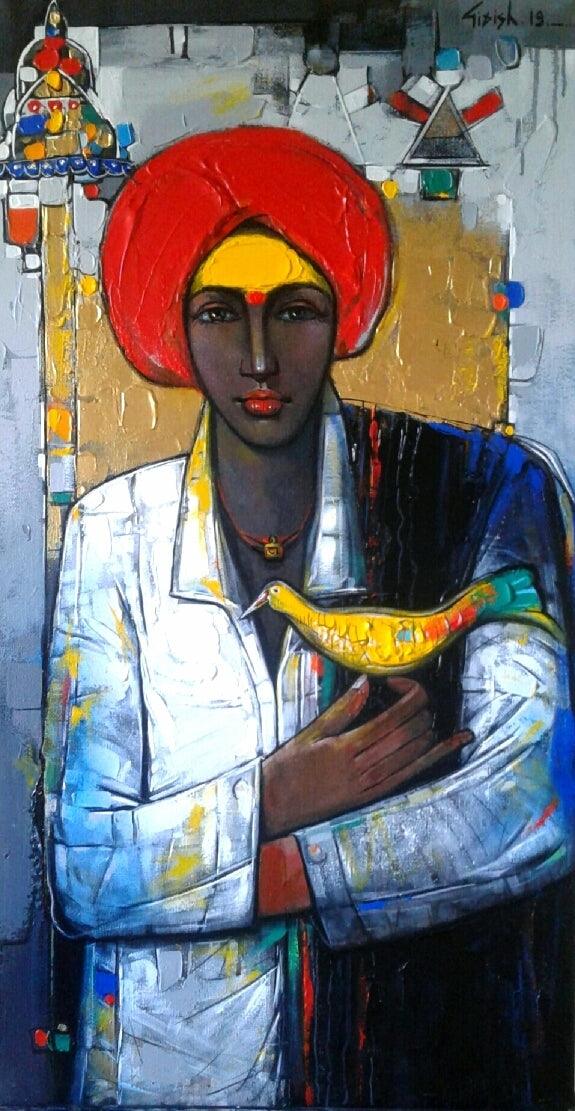 Figurative acrylic painting titled 'Untitled 3', 34x18 inches, by artist Girish Adannavar on Canvas