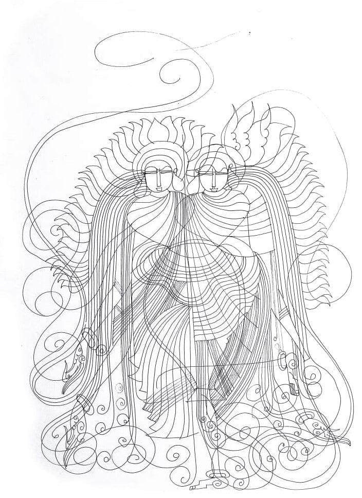 Religious mixed media drawing titled 'Untitled 3', 17x12 inches, by artist Krishnaprakash Vasant Martand on Canson Paper