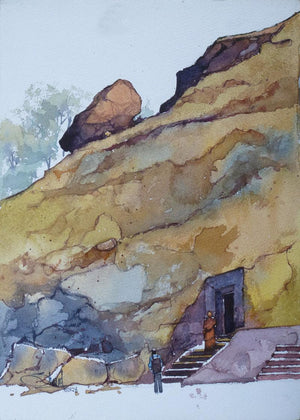 Untitled 3 (Gateway to the Past) by Sharad Tawade, Original Watercolor Landscape Painting on Paper, X-Small Vertical Wall Art