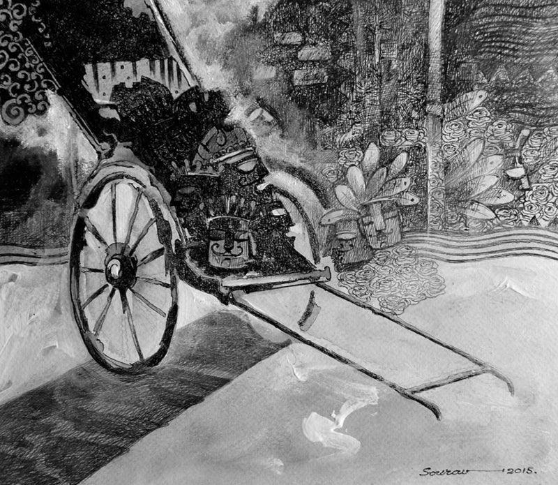Transportation mixed media drawing titled 'Untitled 3', 9x10 inches, by artist Sourav Nandy on Paper