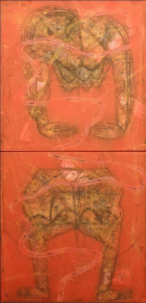 Figurative mixed media painting titled 'Untitled 3', 36x18 inches, by artist Sukhendu Paul on Canvas