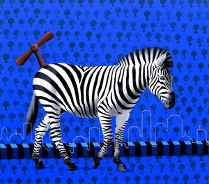 Untitled 3 (Wind-Up Zebra) by Amit Kumar, Original Acrylic Fantasy Painting on Canvas, X-Large Horizontal Wall Art