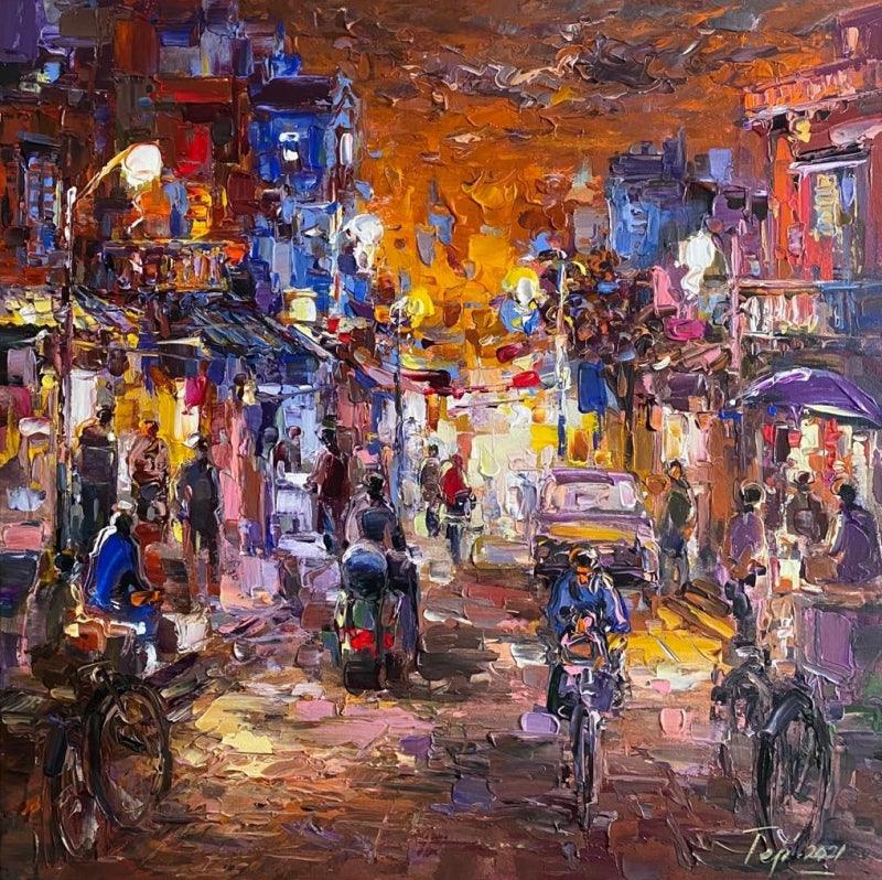 Cityscape acrylic painting titled 'Untitled 3', 26x26 inches, by artist Tejinder Kanda on Canvas