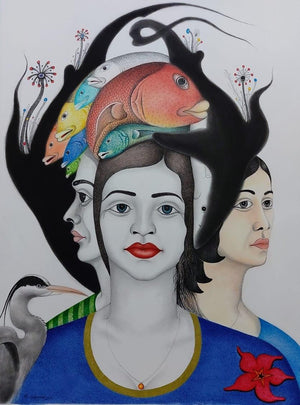 Figurative mixed media painting titled 'Untitled 3', 30x22 inches, by artist Rajesh Salagaonkar on Paper