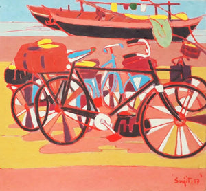 Cityscape tempera painting titled 'Untitled 30', 10x10 inches, by artist Sujit Das on Cloth