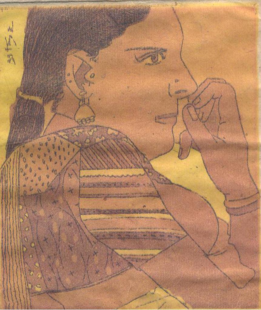 Figurative etching painting titled 'Untitled 30', 4x3 inches, by artist Laxma Goud on Paper