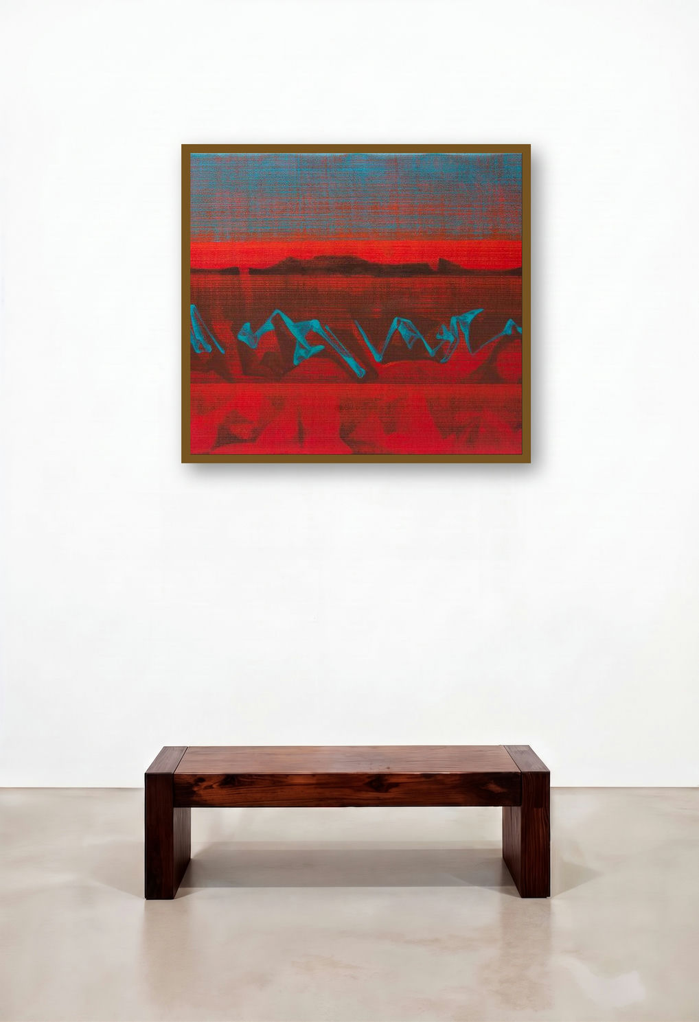 Untitled 32 (Red Blue) by artist Chandan Bhowmick displayed in a Rustic Reception Area