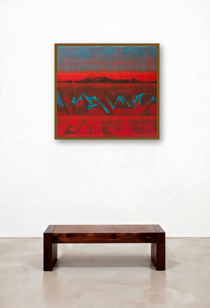 Untitled 32 (Red Blue) by artist Chandan Bhowmick displayed in a Rustic Reception Area