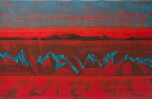 Untitled 32 (Red Blue) by Chandan Bhowmick, Original Acrylic Abstract Painting on Canvas, Large Horizontal Wall Art