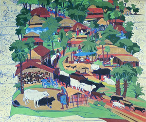 Cityscape tempera painting titled 'Untitled 33', 25x30 inches, by artist Sujit Das on Cloth