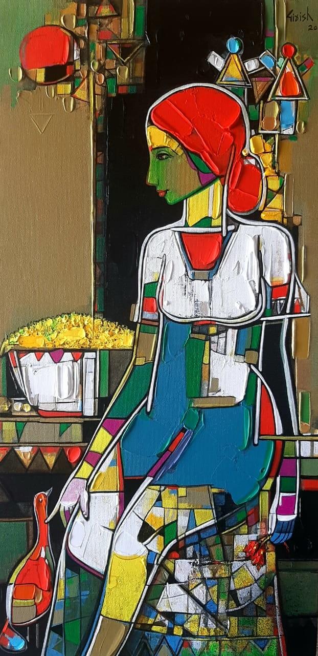 Figurative acrylic painting titled 'Untitled 34', 32x16 inches, by artist Girish Adannavar on Canvas