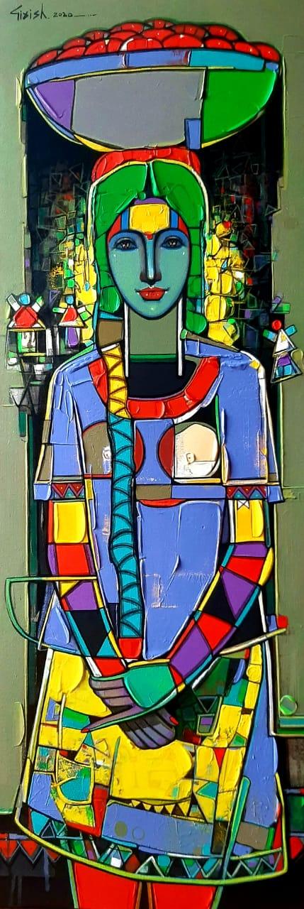 Figurative acrylic painting titled 'Untitled 35', 46x16 inches, by artist Girish Adannavar on Canvas